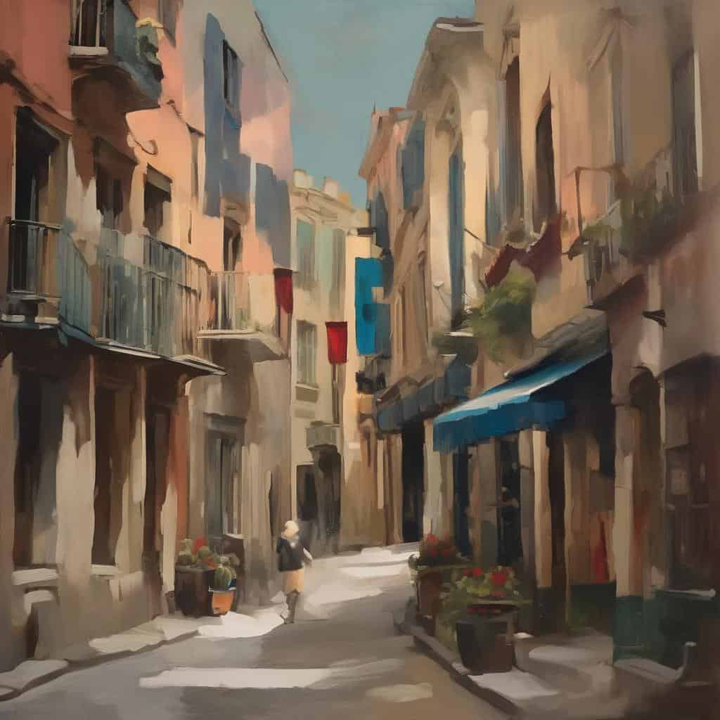 Γραφική εικόνα μιας παλαιάς ευρωπαϊκής γειτονιάς με πολύχρωμα κτίρια και πεζόδρομο.