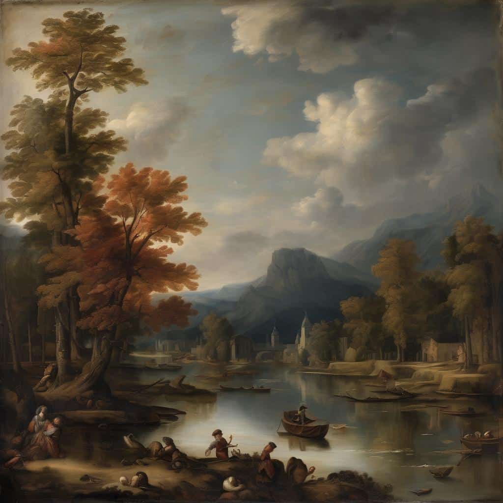 Fοτνέταρχη ζωγραφική τοπίων με ποτάμια και δέντρα σε φθινοπωρινές αποχρώσεις, με σκηνές δραστηριότητας από ανθρώπους και σκούρο ουρανό.
