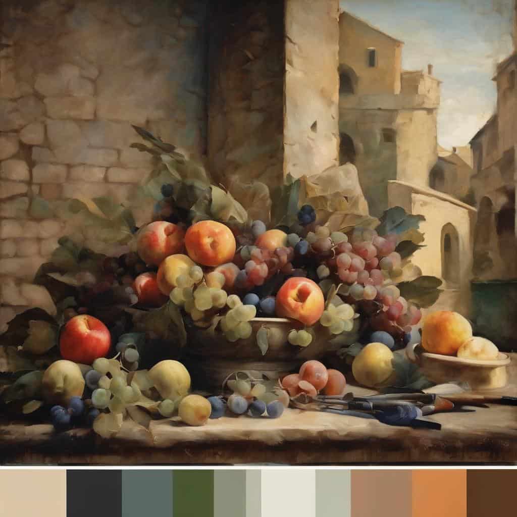 Νεαπόλεως φρούτα και καρποί σε ρεαλιστική ζωγραφιά με αρχιτεκτονικά τοπία και φυσική εμφάνιση.