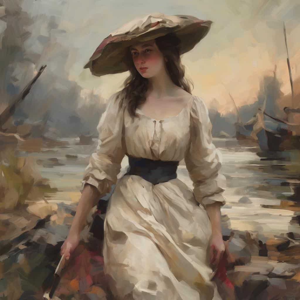 Παληά γυναίκα σε παραλία με καραβίσια και καπετάνιο, ρομαντικό και ιστορικό σκηνικό.