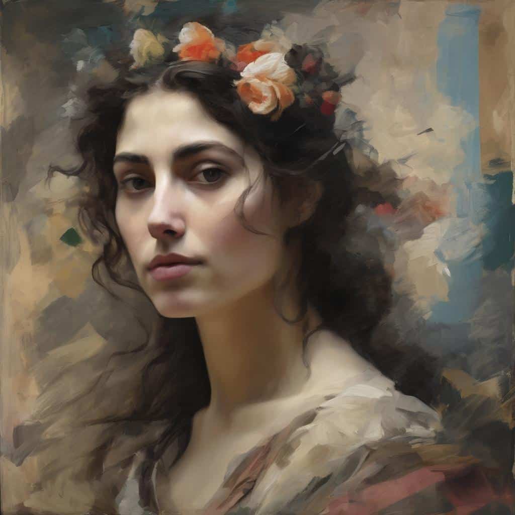 Ουά, μια ρεαλιστική προσωπογραφία γυναίκας με λουλούδια στα μαλλιά.