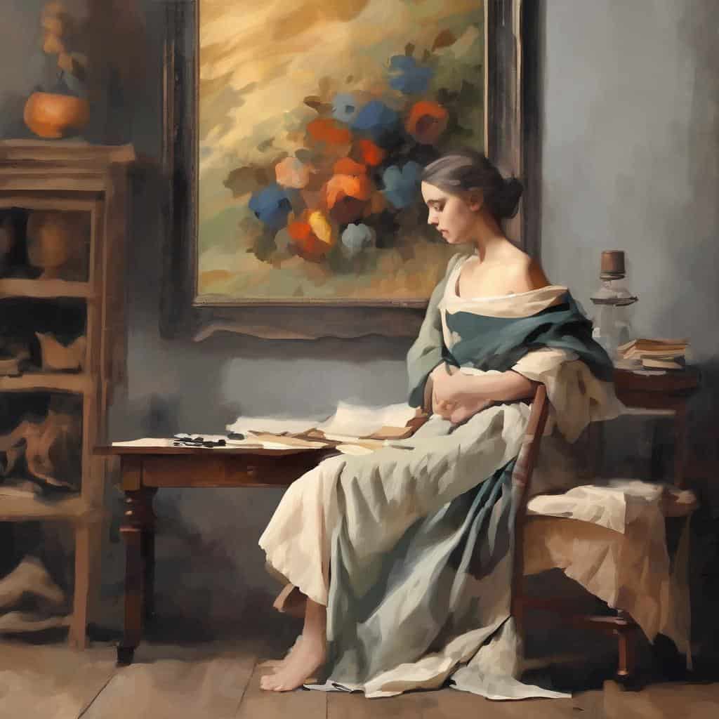 Ανδριάνα γυναίκα σε εσωτερικό χώρο με πίνακα ζωγραφικής και βιβλία, αναπαράσταση κλασικής τέχνης.