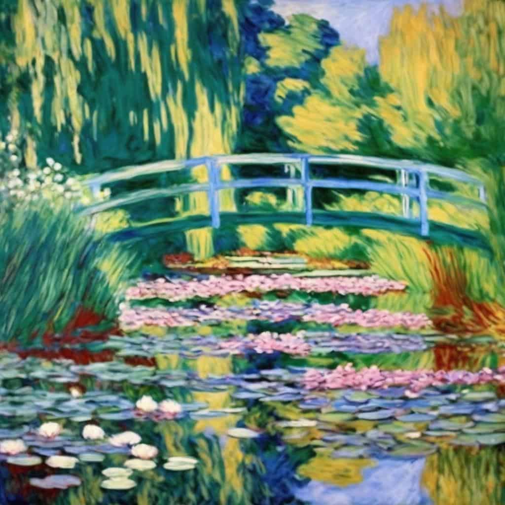 Πίνακας εμπνευσμένος από την τέχνη του Claude Monet με γέφυρα σε κήπο με λουλούδια και λίμνη.